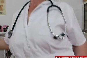 Brunette politic nurse inspecting her vagina