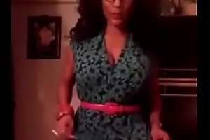 Impervious ebony grown-up cougar gushes lacking curves in new dress, decorate please